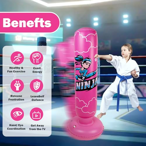 Kids Inflatable Punching Bag - Ninja Pink 67 Inch Kids Boxing Bag with Gloves & Pump