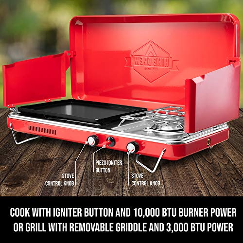 Red Hike Crew 2-in-1 Gas Camping Stove & Griddle - Portable Propane Cooker