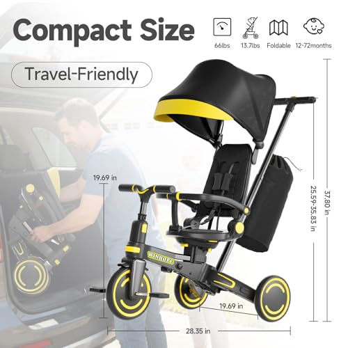 Kids Tricycle 9-in-1 Foldable with Push Handle & Canopy - Black