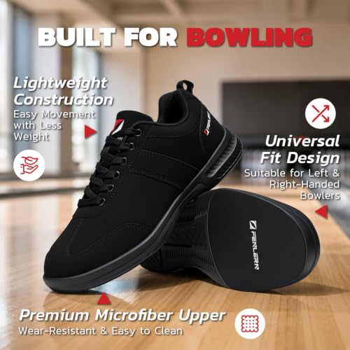 Men's Bowling Shoes Microfiber Lace-Up with Dual Sliding Soles - Black, Size 9