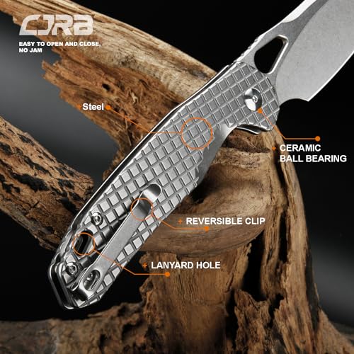 CJRB Frack Pocket Knife Stonewash/CNC, 3.9” AR-RPM9 Steel Blade, PVD Coating, Frag Pattern Handle, Locking EDC Knife for Outdoor Camping