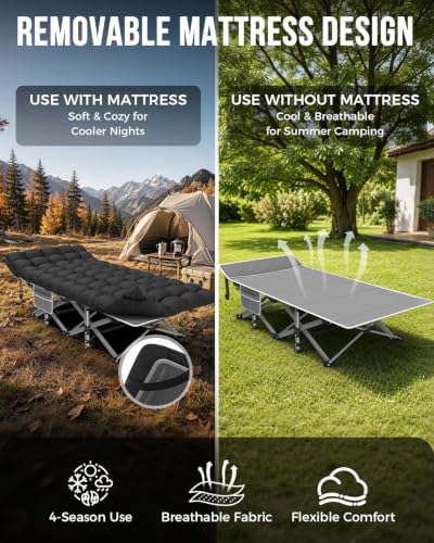 Oversized Folding Camping Cot with Mattress - 32in Extra Wide Heavy Duty Bed for Adults, Gray Cot + Black Mattress, Supports 900 lbs