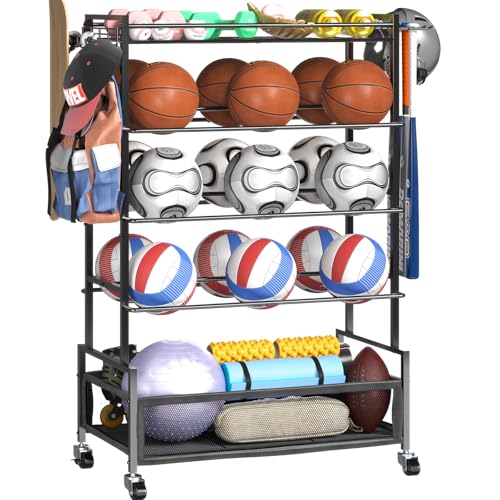 SOYEEZE 5-Tier Sports Equipment Organizer Ball Storage Rack with Hooks