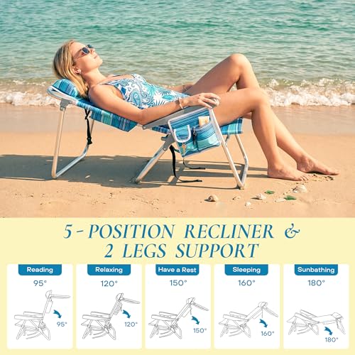 ARURU Light Green Tall Folding Beach Chair for Adults with Cooler & Cup Holder, 5-Position Recline, Portable Backpack Design