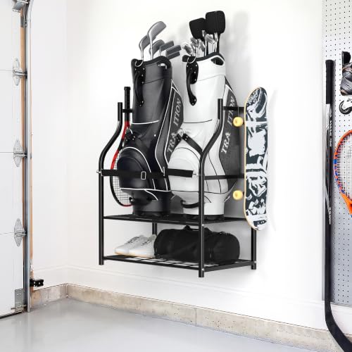 Golf Bag Storage Rack for Garage - Holds 2 Bags with Shelves & Hooks - Black, 28 Inch