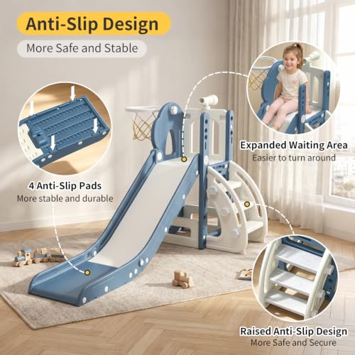 BIERUM 6-in-1 Toddler Indoor & Outdoor Slide Blue Gray, Safe & Foldable Playset for Ages 1-3