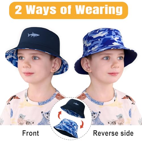 Kids Sun Hat Double-Side Sun Protection Bucket Hat for Boys and Girls - Navy Blue, 8-13 Years