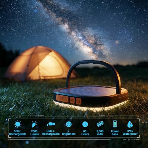 LED Camping Lantern with 5000mAh Battery, 2000 Lumens, Solar & USB Rechargeable, Waterproof IP65, Multiple Light Modes - 1 / 5000mAh