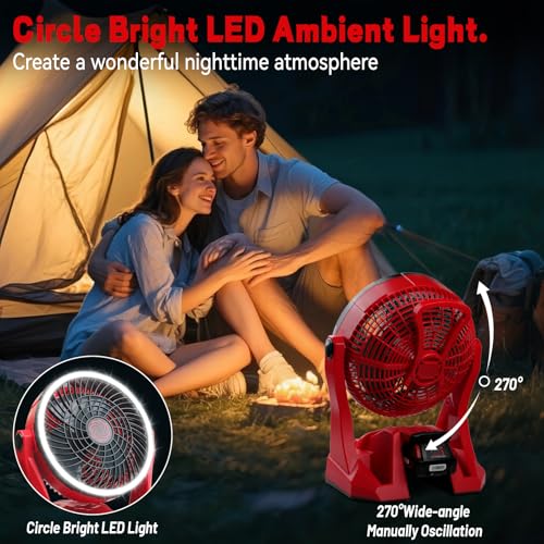 Yudara Red Battery Operated Camping Fan for Milwaukee M18 with LED Light & Hanging Hook