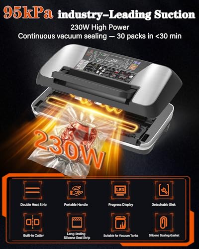OidoZac Black 95kPa 230W Food Vacuum Sealer Machine with Double Heat Seal & Accessories