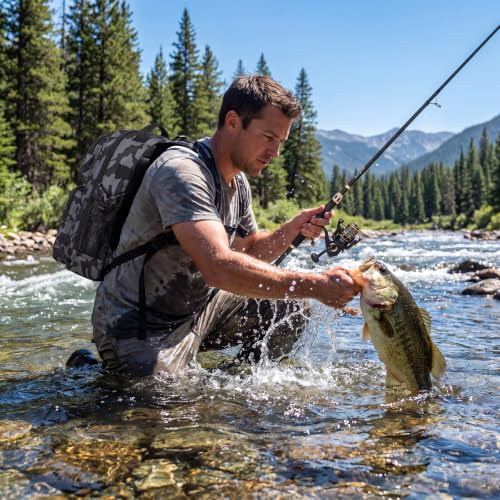 Waterproof Fishing Backpack with Rod & Reel Combo - Black Camo