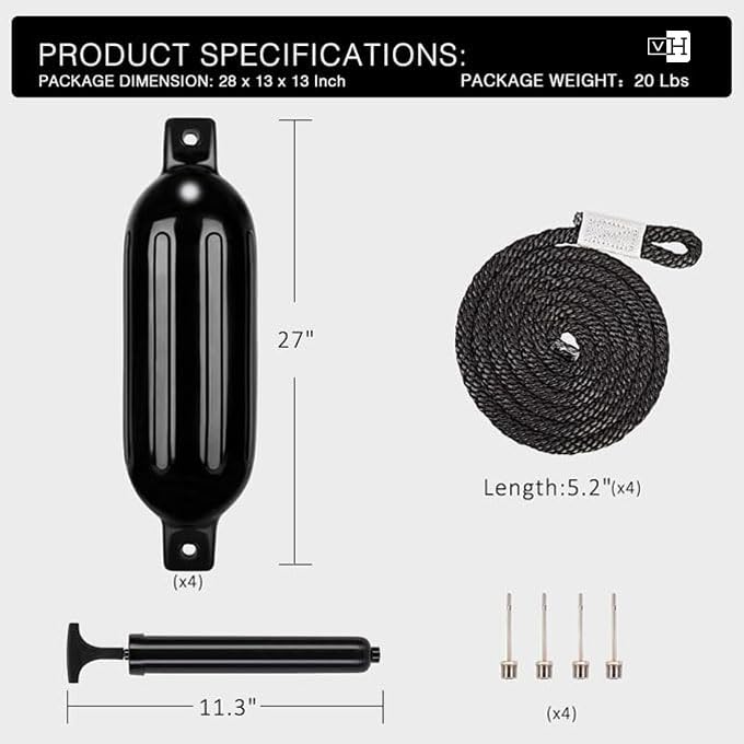 VIVOHOME 6.5x24 Inch Vinyl Ribbed Boat Fenders - Black, 4 Pack with Ropes & Pump