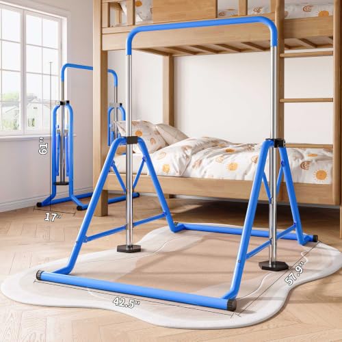 Kids Adjustable Gymnastics Bars with Rings - Blue, Space-Saving Foldable Design, 45-61 inches