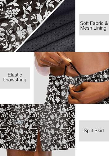 Women's 20-Inch Knee Length Skorts Skirt with UPF50+ - Black Flower, Medium