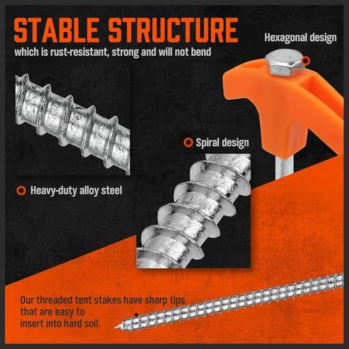 Heavy Duty Tent Stakes Set 20 Pack 8 Inch with Ropes & Hook - Camping Gear