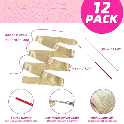 2 Meters 12 Pack Glitter Gold Twirling Dance Ribbons for Gymnastics & Artistic Dance