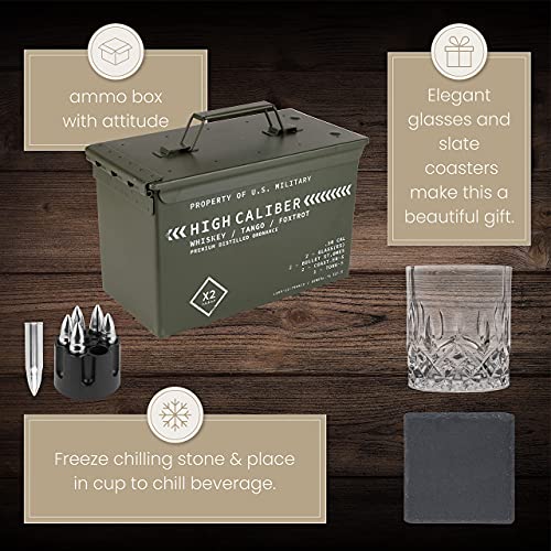 Whiskey Gift Set with Glasses Stones Coasters and Tongs in Tactical Box - Perfect for Men