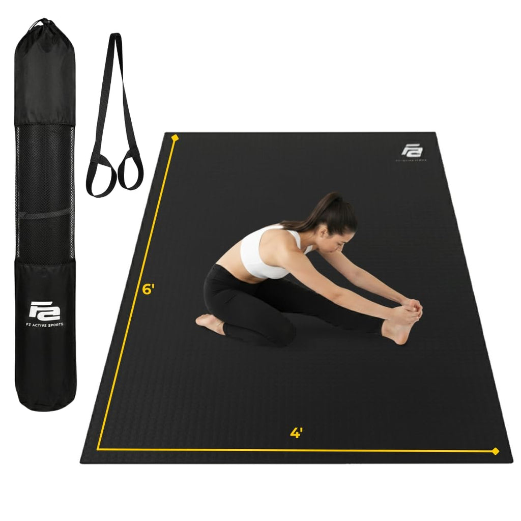 Fit Active Sports Oversized 6’ x 4’ Extra Large Workout Mat with Carry Bag & Straps — Heavy-Duty, Non-Slip Exercise & Equipment Large Mat for Home Gyms, Lifting & Training, Roll-Up | Black