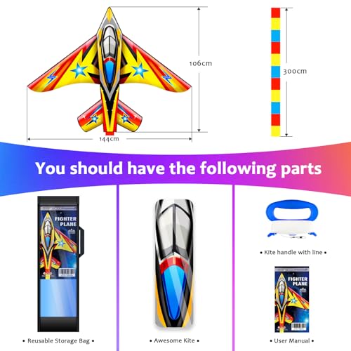Yellow Fighter Plane Kite for Kids & Adults - Easy to Fly with Reel & 200ft String