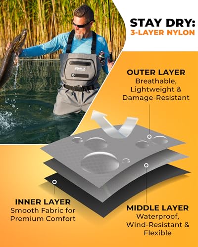 Foxelli Breathable Fly Fishing Waders Large Grey for Men & Women