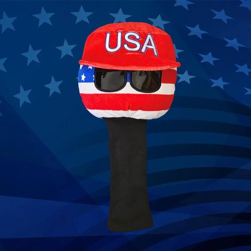 USA Golf Driver Head Cover Soft Plush Cute Cartoon American Ball with Cool Sunglasses Stylish Looking Thick Padding Protechtion Fit Regular 460cc Size Club Headcover