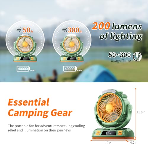Camping LED Fan with Light 40000mAh Rechargeable Battery & Hook - Green M23