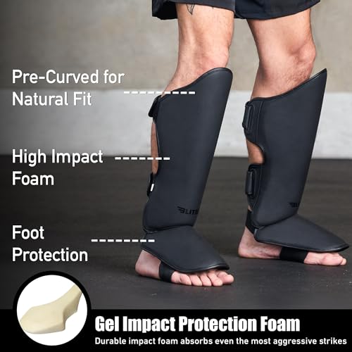 Elite Sports Muay Thai Shin Guards Kickboxing MMA Leg Protectors Black S-M