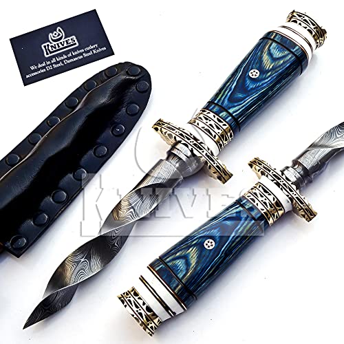 Handmade 10.5-Inch Damascus Steel Collectible Kris Knife with Blue Pakka Wood Handle by NoonKnives