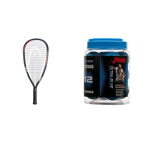 HEAD MX Fire 190 Beginners Racquetball Racket - Pre-Strung Head Light Balance Racquet,Navy/Orange & Penn Racquetballs (Pack of 12), Blue