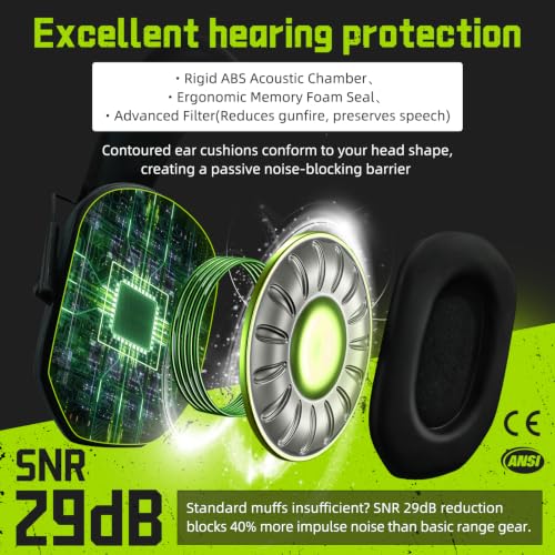 PROHEAR 022 Electronic Ear Protection for Shooting & Hunting - Black + Green, 29dB Noise Reduction, 4 Microphones