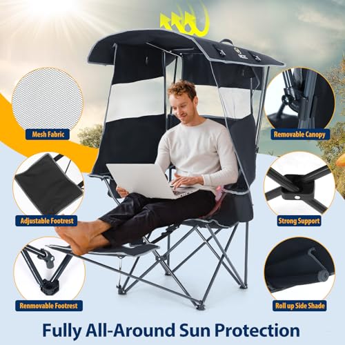 Heated Camping Chair with Canopy & Footrest - Black & Grey 1 Pack