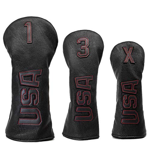 Golf Club Head Cover Set Red for 2-7 and 3/4/5/7 Wood & Hybrid Clubs - Leather