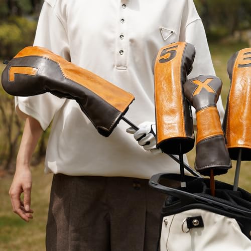 Golf Headcovers Set of 4 - Gray & Brown Classic Club Covers with Numbers 1 3 5 X - Premium Protection & Secure Fit