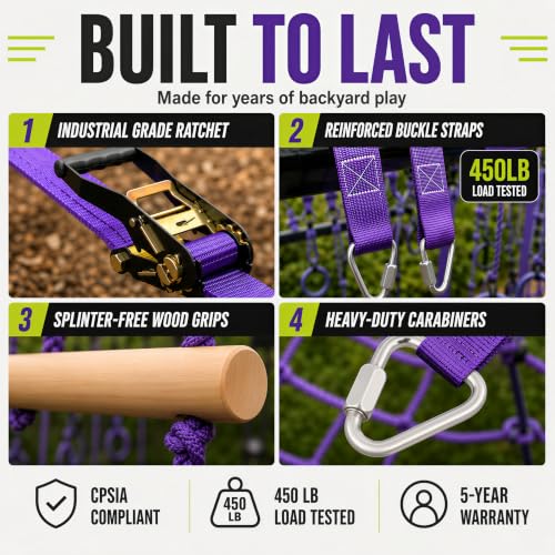 Kids Outdoor Ninja Warrior Obstacle Course with 2x55ft Slacklines - Purple, 10 Obstacles