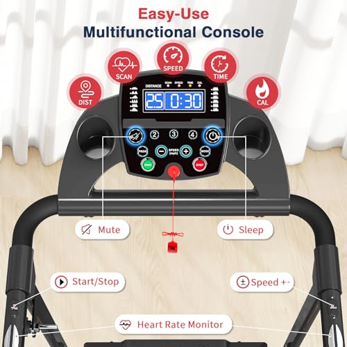 Redliro Black Senior Treadmill with Long Safety Handrails, Foldable Walking Machine
