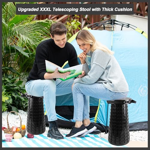 ALEVMOOM XXL Collapsible Telescoping Stool with Cushion & Bag - 23.2-inch Black Portable Seat for Camping & Travel