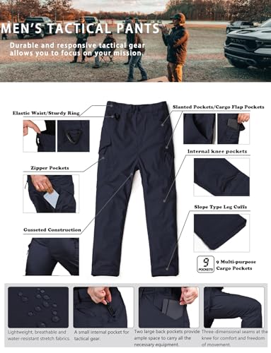 Men's Ripstop Tactical Cargo Pants - Water Resistant, Stretch, Lightweight, Navy Blue 34W x 32L