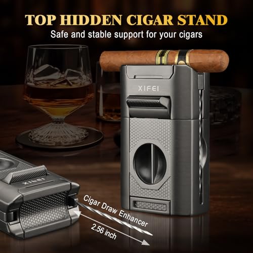 XIFEI 6-in-1 Cigar Lighter with Straight & V-Cut Cutter, Dual Punch & Stand - Gray