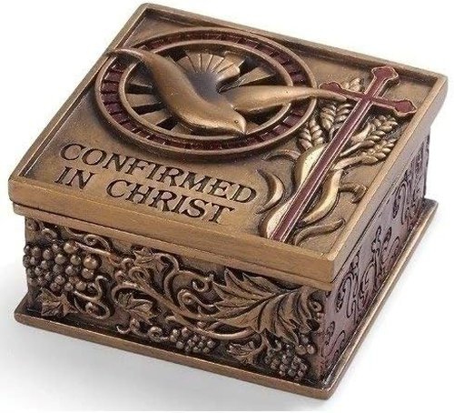 Confirmed In Christ Dove Bronze Tone Memory Trinket Box - 2.75 x 2.75 Resin Stone