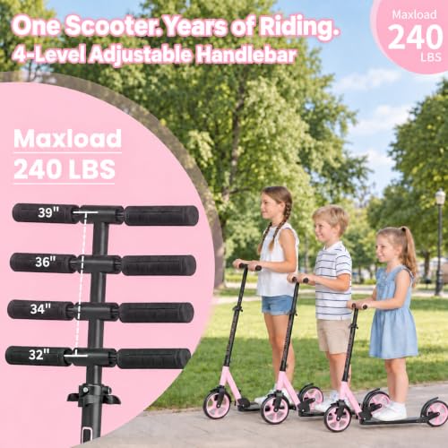 Pink Kids & Teen Foldable Kick Scooter - Lightweight 9.5 lbs, 8-Inch PU Wheels, Adjustable Height, Supports 240 lbs