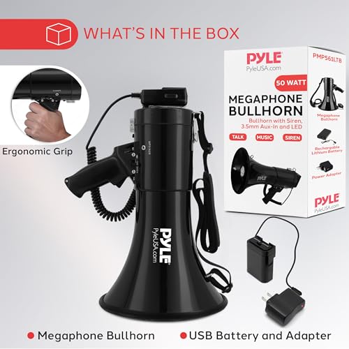 Black Pyle 50W Megaphone PA Bullhorn Speaker with Siren & Record - Crowd Control