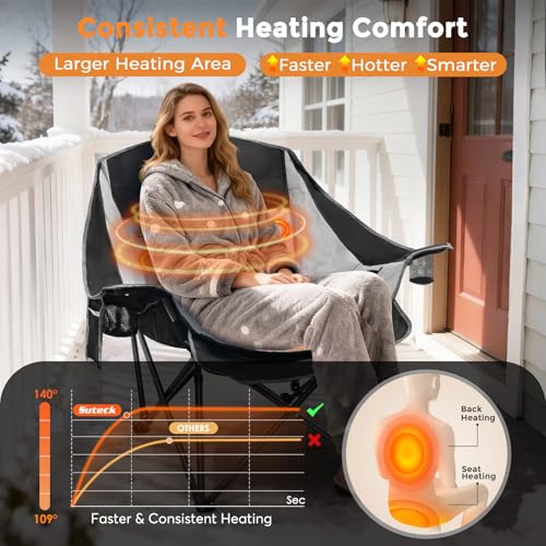 Suteck Heated Camping Chair - Oversized Folding Outdoor Chair with 3 Heat Levels & Dual Zone Control