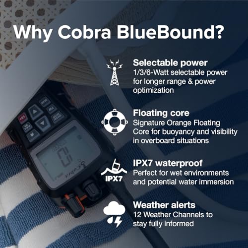 Cobra BlueBound 350 VHF Marine Handheld Radio, 6W Waterproof Floatable Black