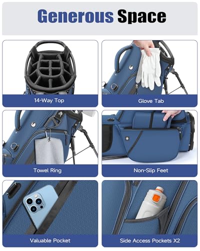 Findway Blue 14-Way Golf Stand Bag with Rain Cover & Padded Straps, Lightweight