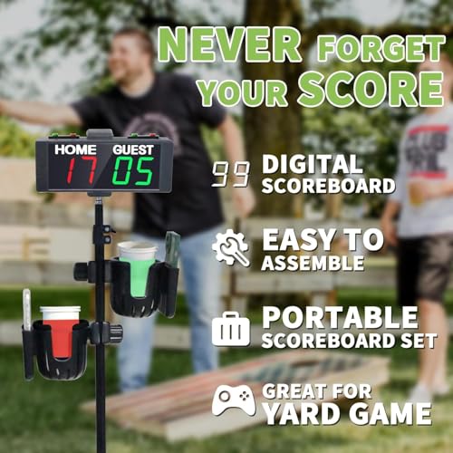 YZ Digital Cornhole Scoreboard with Remote, Drink & Phone Holders, Portable Outdoor Game Accessory