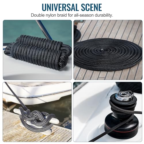 2 Pack 1/2" x 20' Nylon Dock Lines - Marine-Grade Boat Ropes, Black