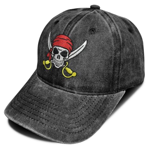 Embroidered Baseball Cap for Men Women - Pirate Skull Washed Black Variation