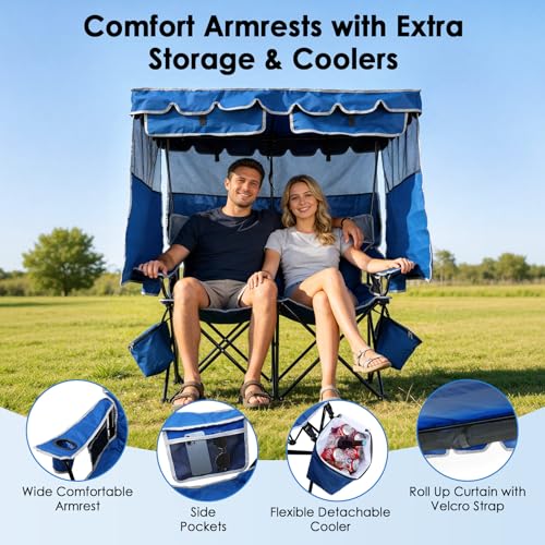 Suteck Double Camping Chair with Canopy - Blue, Foldable 660lbs Outdoor Loveseat with Shade and Coolers