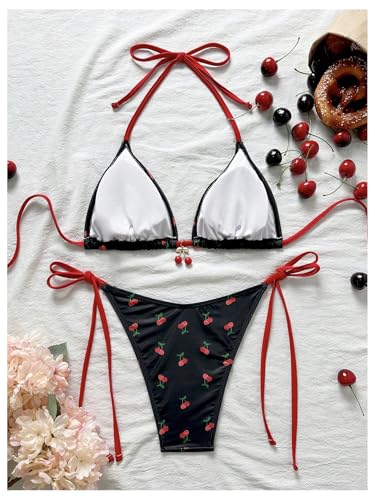 Women's 2-Piece Cherry Print Bikini Set - Side Tie Halter, Medium / Black & Red
