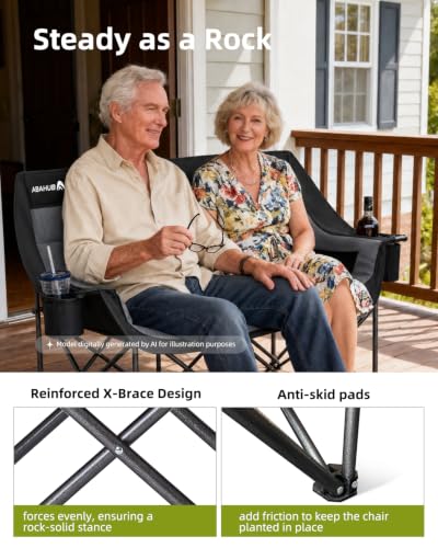 Abahub Double Loveseat Camping Chair Black-Grey Heavy-Duty Portable Folding Outdoor Seating